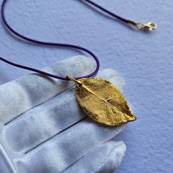Pendant Necklace Golden Leaf Real Genuine Leaf Metal Gold Platet 24K - Picture 4 of 5